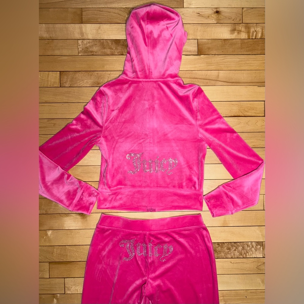 NEW! JUICY COUTURE Velour OG Bling Tracksuit Hoodie & Pant Set Pink Party Size M
